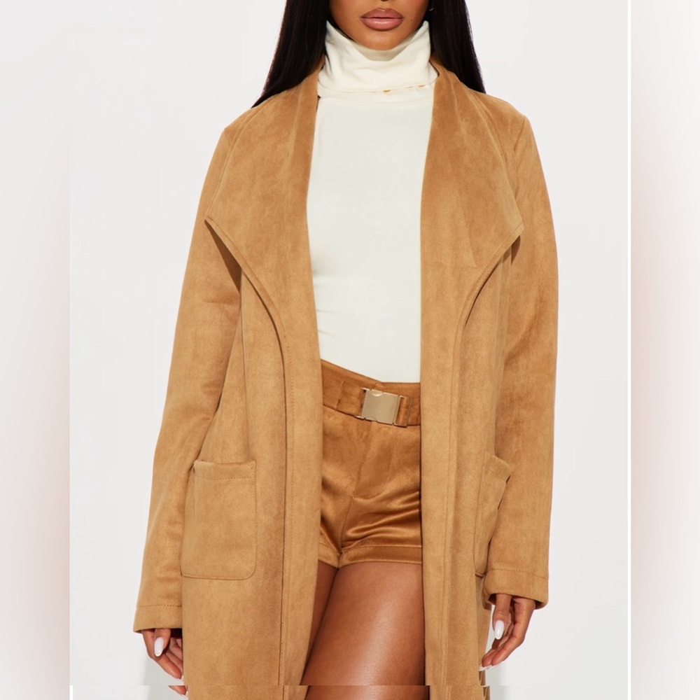 Tan Faux Suede Collar Belted Front Pocket Trench Coat - Picture 6 of 11
